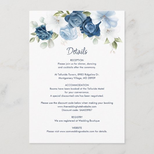 Dusty Blue Floral Wedding Details Begleitkarte (Vorderseite)