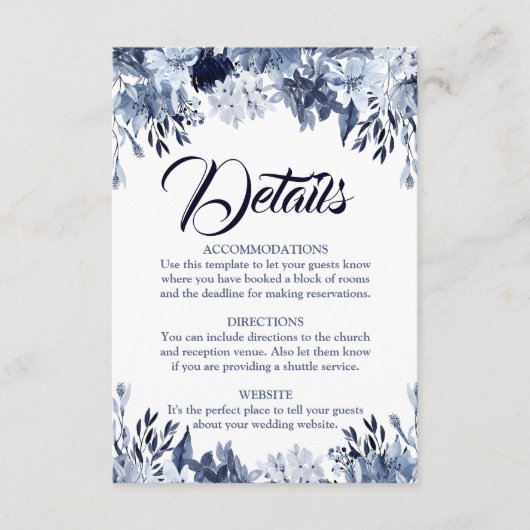 Dusty Blue Floral Wedding Details Card Begleitkarte (Vorderseite)