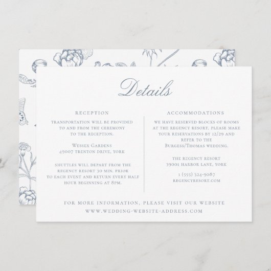 Dusty Blue Floral Wedding Details Card Einladung (Vorne/Hinten)