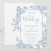 Dusty Blue Floral Wedding Einladung (Vorne/Hinten)