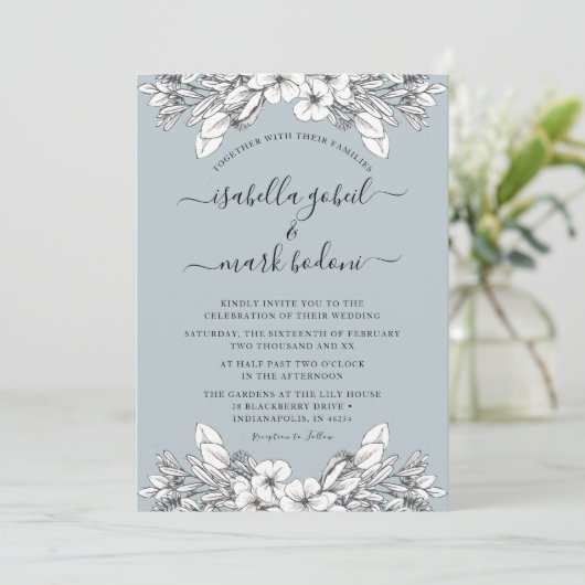 Dusty Blue Floral Wedding Einladung (Stehend Vorderseite)
