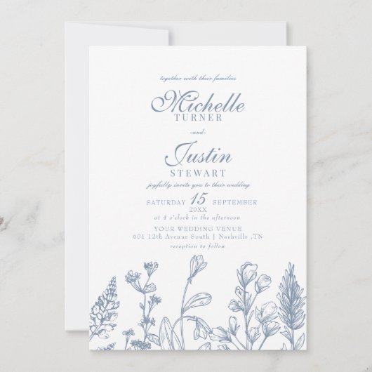 Dusty Blue Floral Wedding Einladung (Vorderseite)