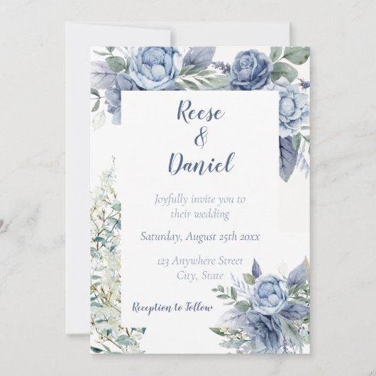 Dusty Blue Floral Wedding Einladung (Vorderseite)
