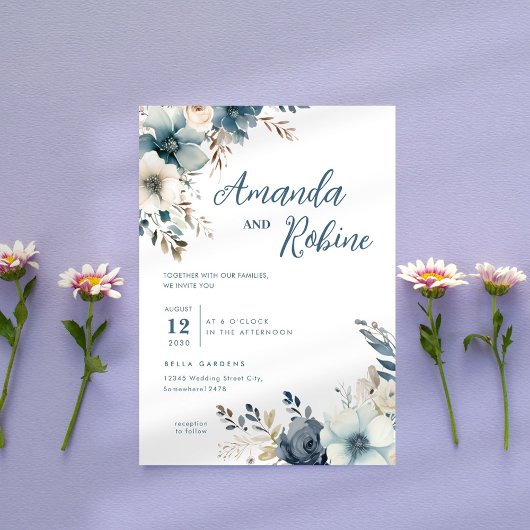 Dusty Blue Floral Wedding Einladung