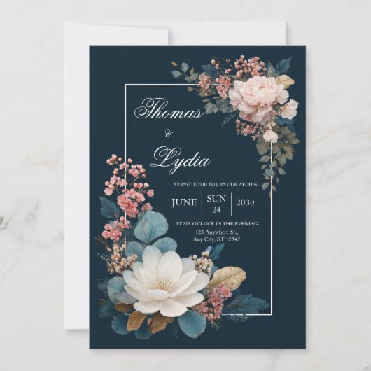 Dusty Blue Floral Wedding Einladung (Vorderseite)