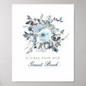 Dusty Blue Floral Wedding Guest Book Sign Poster (Vorne)