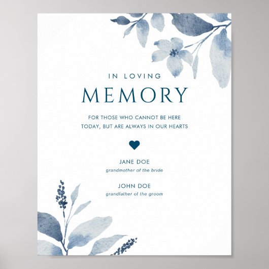 Dusty Blue Floral Wedding in Love Memory Sign Poster (Vorne)