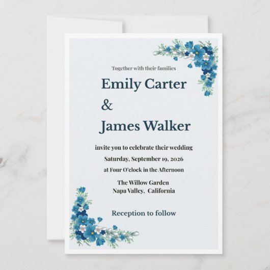 Dusty Blue Floral Wedding Invitation Einladung (Vorderseite)