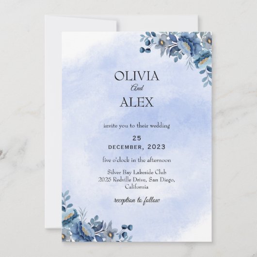 Dusty Blue Floral Wedding Invitation Einladung (Vorderseite)