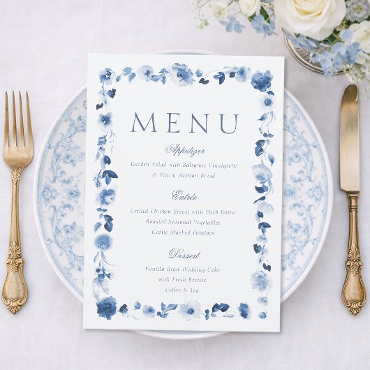 Dusty Blue Floral Wedding Menu Card Einladung