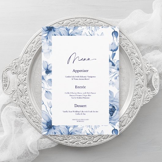 Dusty Blue Floral Wedding Menu Card Einladung