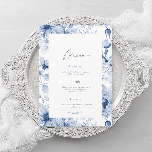 Dusty Blue Floral Wedding Menu Card Einladung
