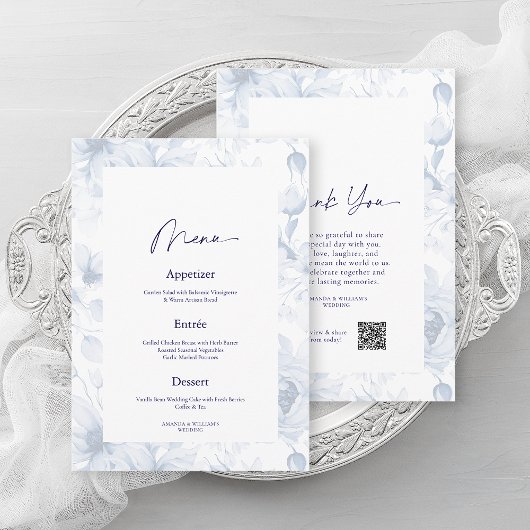 Dusty Blue Floral Wedding Menü & Dankeschön Card Einladung