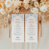 Dusty Blue Floral Wedding Menu | Elegant Bow Roses Menükarte