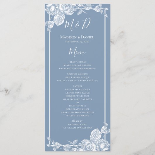 Dusty Blue Floral Wedding Menu Menükarte (Vorderseite)