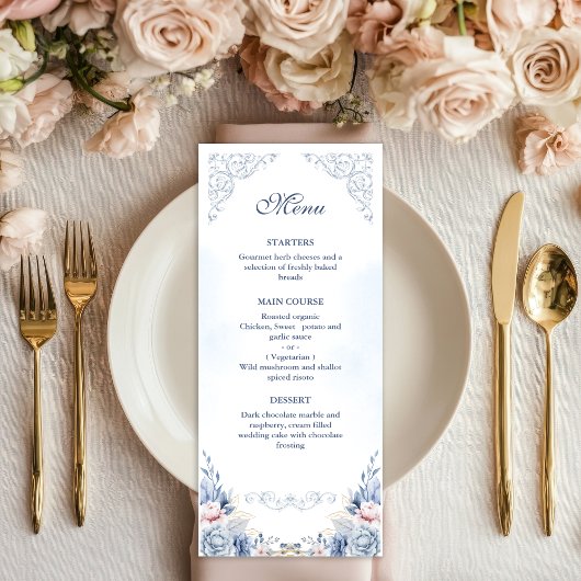 Dusty Blue Floral Wedding Menu Menükarte