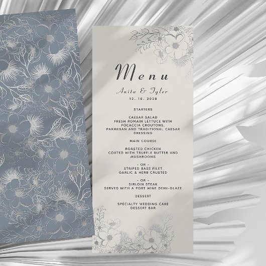 Dusty Blue Floral Wedding Menu Menükarte