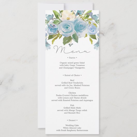 Dusty Blue Floral Wedding Menu oder Duschmenü Einladung (Vorderseite)