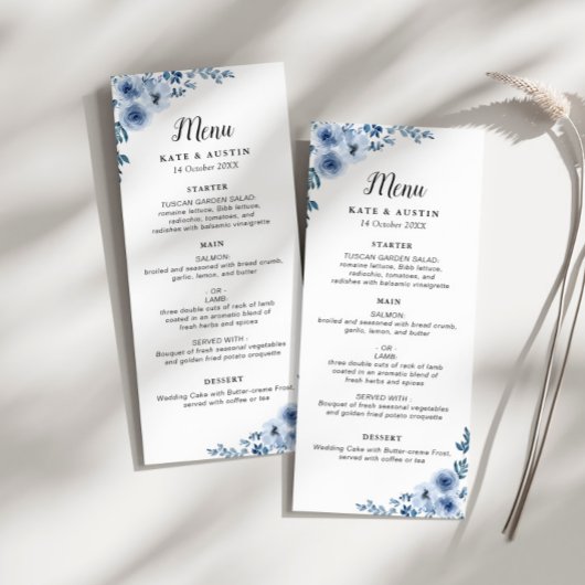 dusty blue floral wedding menu programm