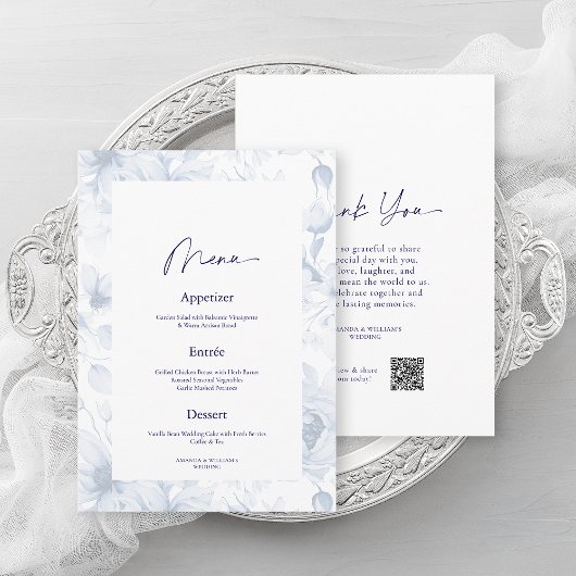 Dusty Blue Floral Wedding Menu & Thank You Card Einladung