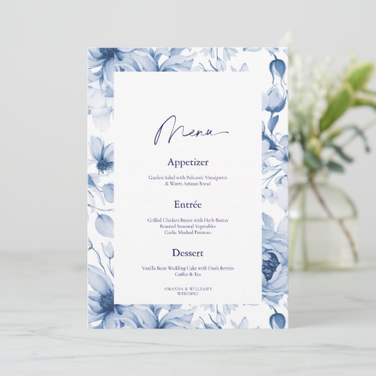 Dusty Blue Floral Wedding Menu & Thank You Card Einladung (Stehend Vorderseite)
