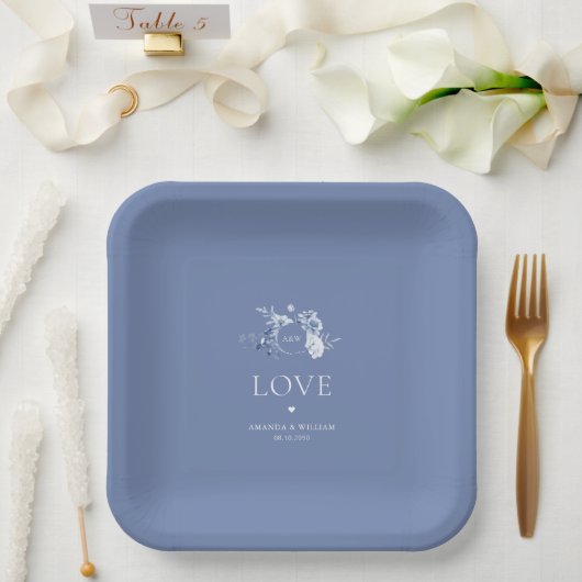 Dusty Blue Floral Wedding Paper Plates Pappteller (Hochzeit)