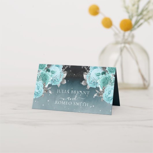 Dusty Blue Floral Wedding Platzkarte (Rückseite)