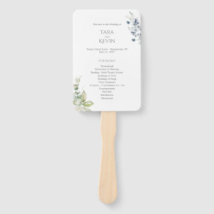Dusty Blue Floral Wedding Program Fan with Handle Fächer