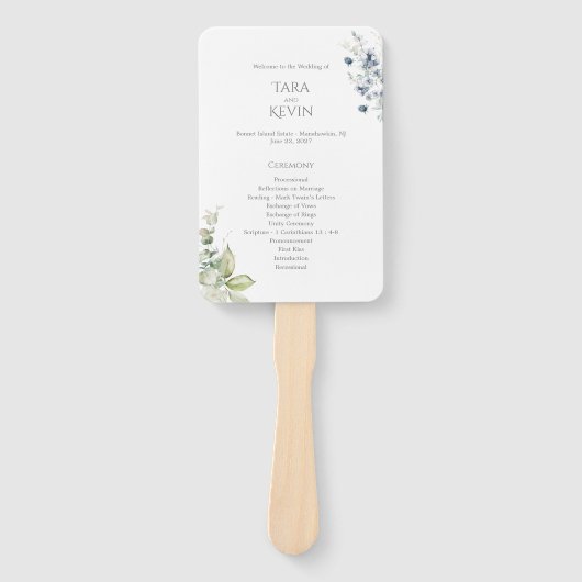 Dusty Blue Floral Wedding Program Fan with Handle Fächer (Vorderseite)