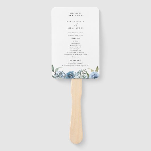 Dusty Blue Floral Wedding Program Hand Fan Fächer (Vorderseite)