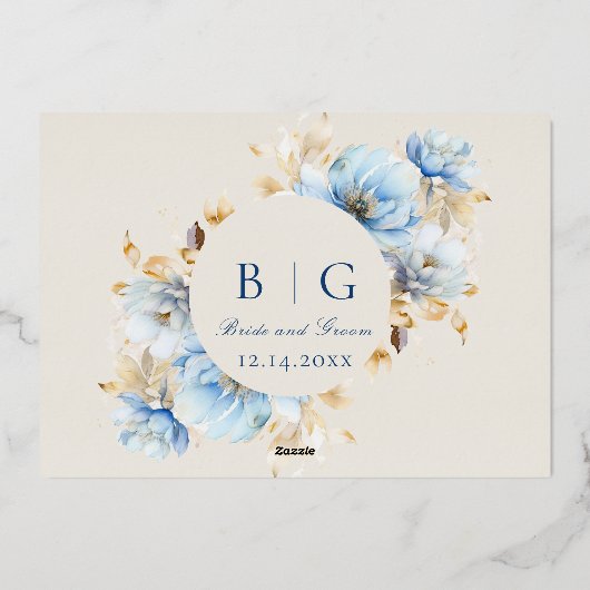 Dusty Blue Floral Wedding RSVP Folieneinladung (Rückseite)