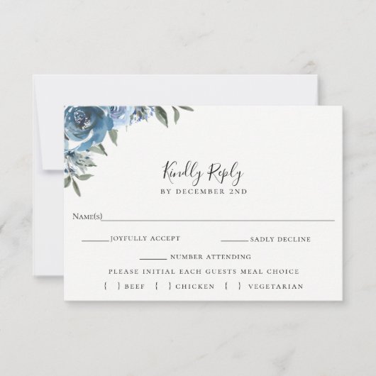 Dusty Blue Floral Wedding RSVP Meal Choice Card (Vorderseite)