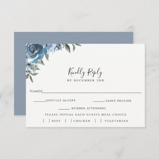 Dusty Blue Floral Wedding RSVP Meal Choice Card (Vorne/Hinten)