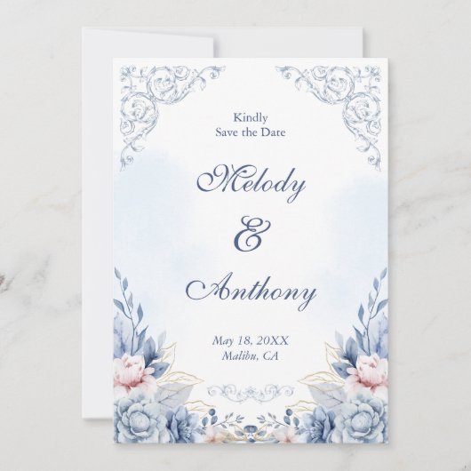 Dusty Blue Floral Wedding Save the Date (Vorderseite)