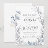 Dusty Blue Floral Wedding Save The Date (Vorne/Hinten)