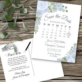 Dusty Blue Floral Wedding Save the Date Calendar Ankündigungspostkarte