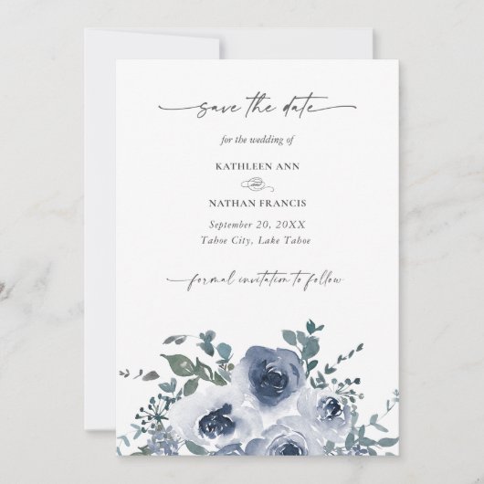 Dusty Blue Floral Wedding Save the Date Einladung (Vorderseite)