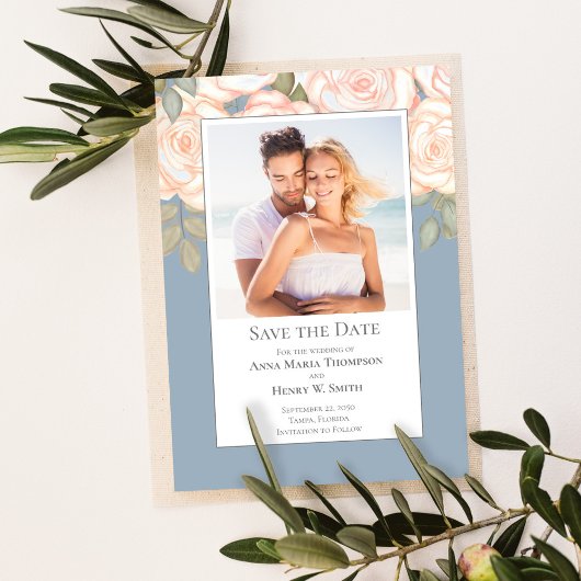 Dusty Blue Floral Wedding Save the Date Foto