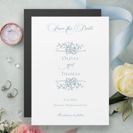 Dusty Blue Floral Wedding Save the Date Magneteinladung