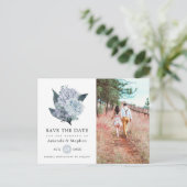 Dusty Blue Floral Wedding Save the Date Postcard Postkarte (Stehend Vorderseite)
