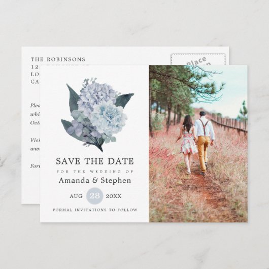 Dusty Blue Floral Wedding Save the Date Postcard Postkarte (Vorne/Hinten)