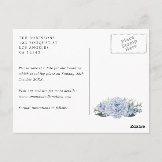 Dusty Blue Floral Wedding Save the Date Postcard Postkarte (Rückseite)