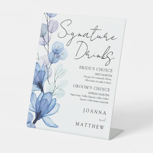 Dusty Blue Floral Wedding Signature Drinks Sockelschild (Vorderseite)