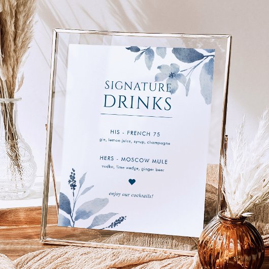 Dusty Blue Floral Wedding Signature Drinks unterze Poster