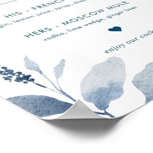 Dusty Blue Floral Wedding Signature Drinks unterze Poster (Ecke)