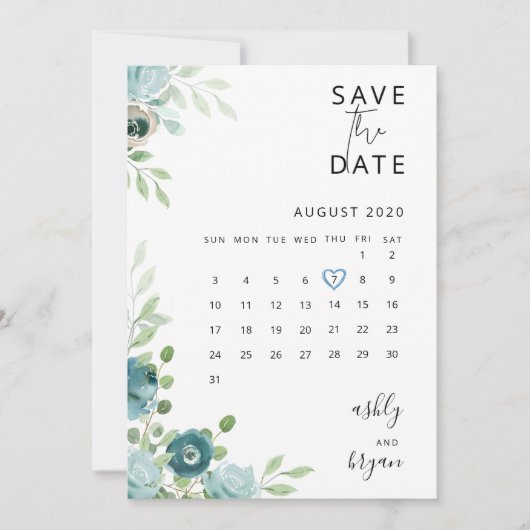 Dusty Blue Floral Wedding speichert die Datumskart Save The Date (Vorderseite)