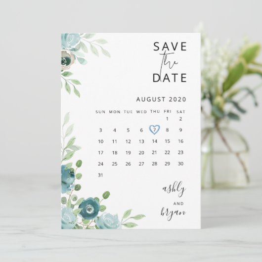 Dusty Blue Floral Wedding speichert die Datumskart Save The Date (Stehend Vorderseite)