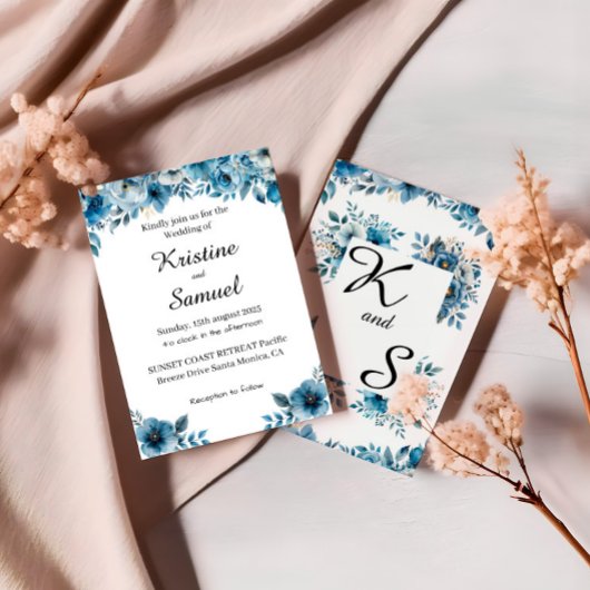 Dusty Blue Floral Wedding Template Einladung