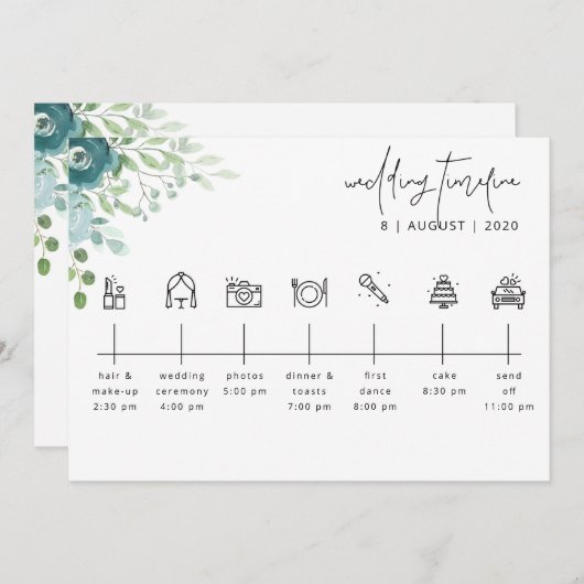 Dusty Blue Floral Wedding Timeline Welcome Card Einladung (Vorne/Hinten)