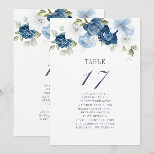 Dusty Blue Floral Wedding Tischnummer Chart (Vorne/Hinten)